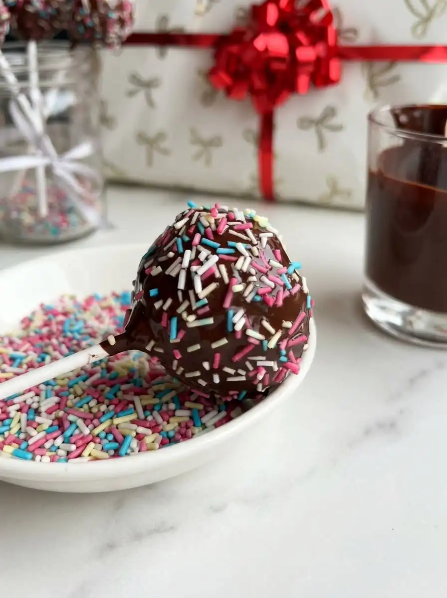 Brownie Cake Pops 12 A beautiful display of fudgy Brownie Cake Pops arranged on a rustic wooden platter with sprinkles.