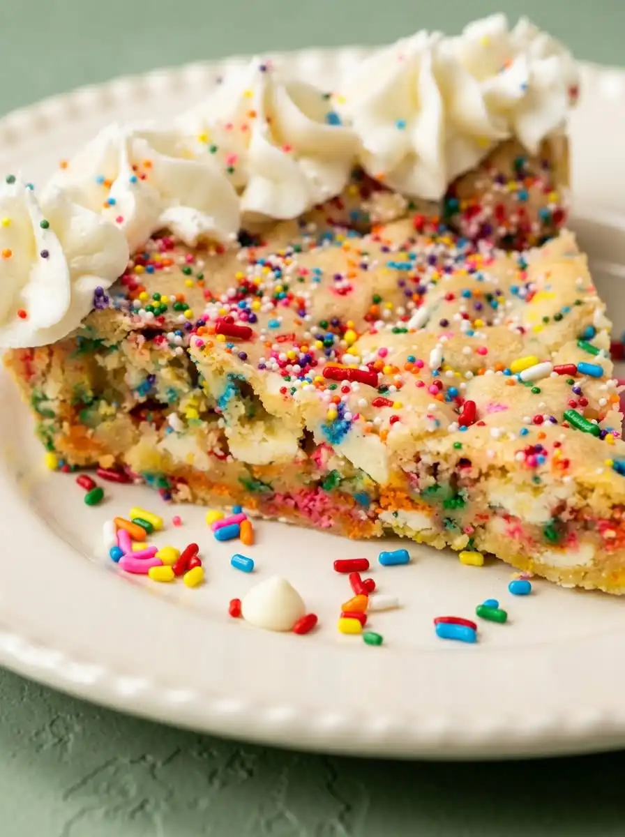 Funfetti Birthday Cookie Cake 12 A freshly baked Funfetti Birthday Cookie Cake in a ceramic pie dish.