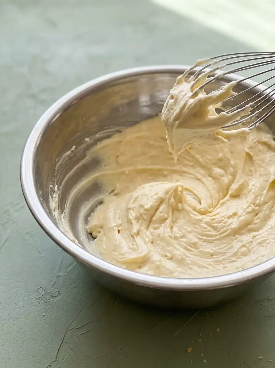 Pouring glossy lemon icing over a freshly baked Mango Yogurt Cake