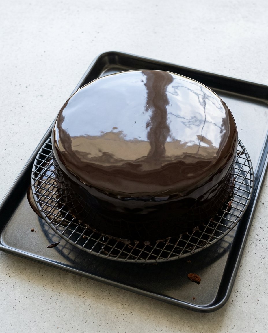 Chocolate Mirror Glaze Cake 12 A shiny chocolate mirror glaze cake reflecting light on a metal wire cooling rack.