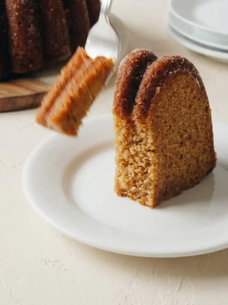 Home - Melt Cake - Baking that Melts in Your Mouth 1 A freshly baked Apple Cider Cake coated in cinnamon sugar sitting on a rustic wooden stand.