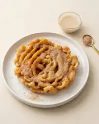 Golden Cinnamon Sugar Funnel Cake Bites dusted with sweet spice on a rustic plate