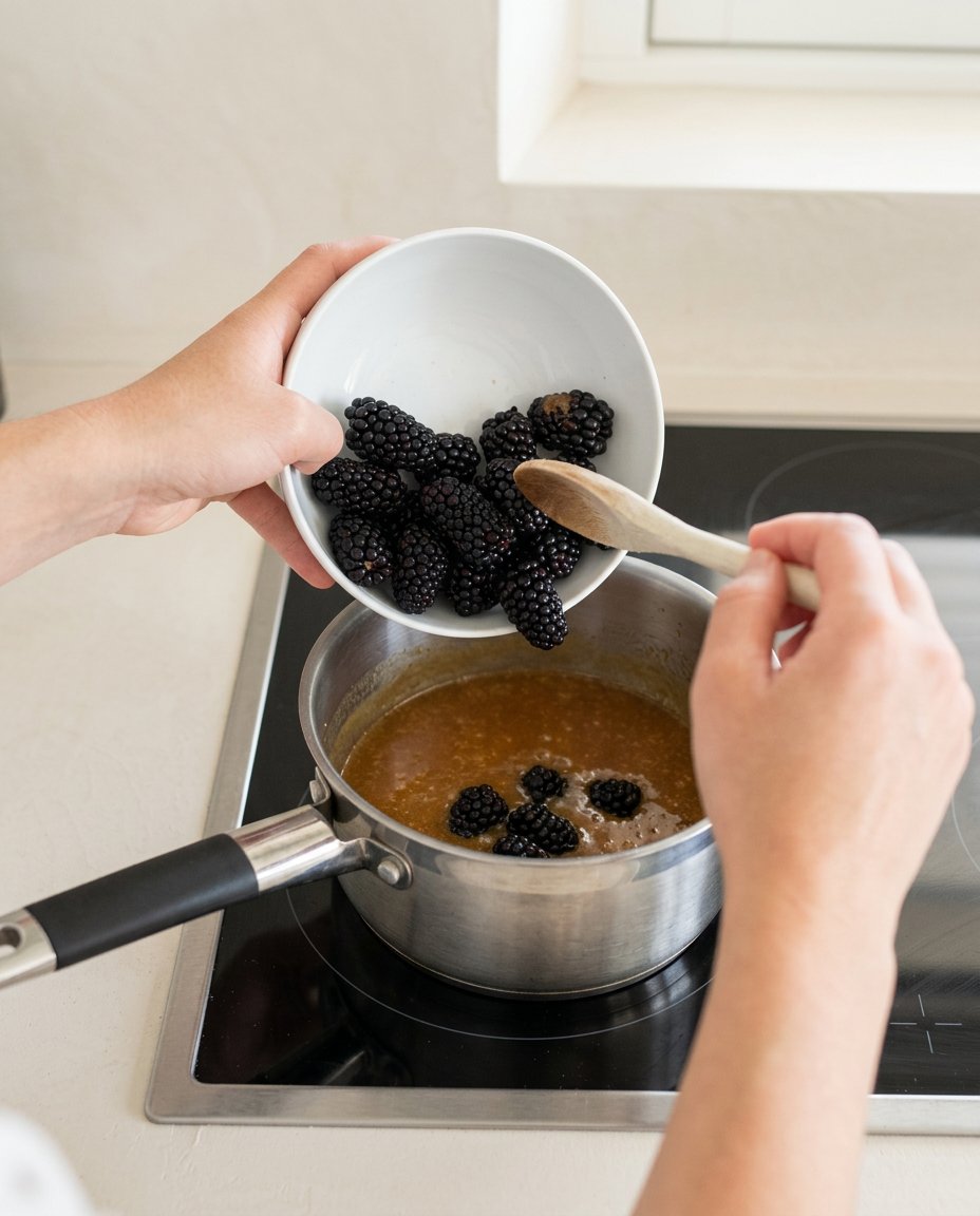 Fresh wild blackberries, unsalted butter, and organic caster sugar weighed on a digital scale.