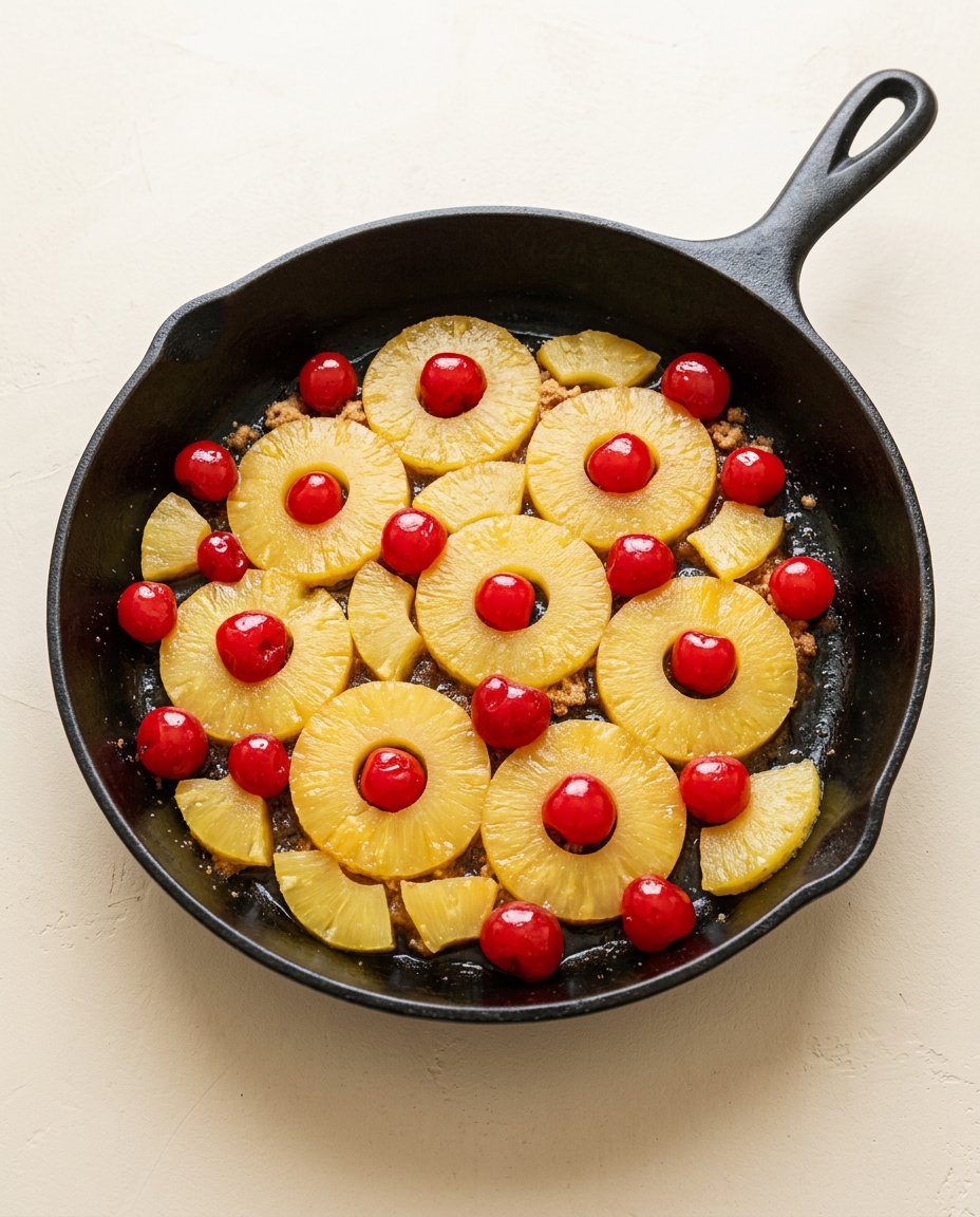 Cast Iron Skillet Pineapple Upside Down Cake 14 Ingredients for cast iron skillet pineapple upside down cake arranged on a table.