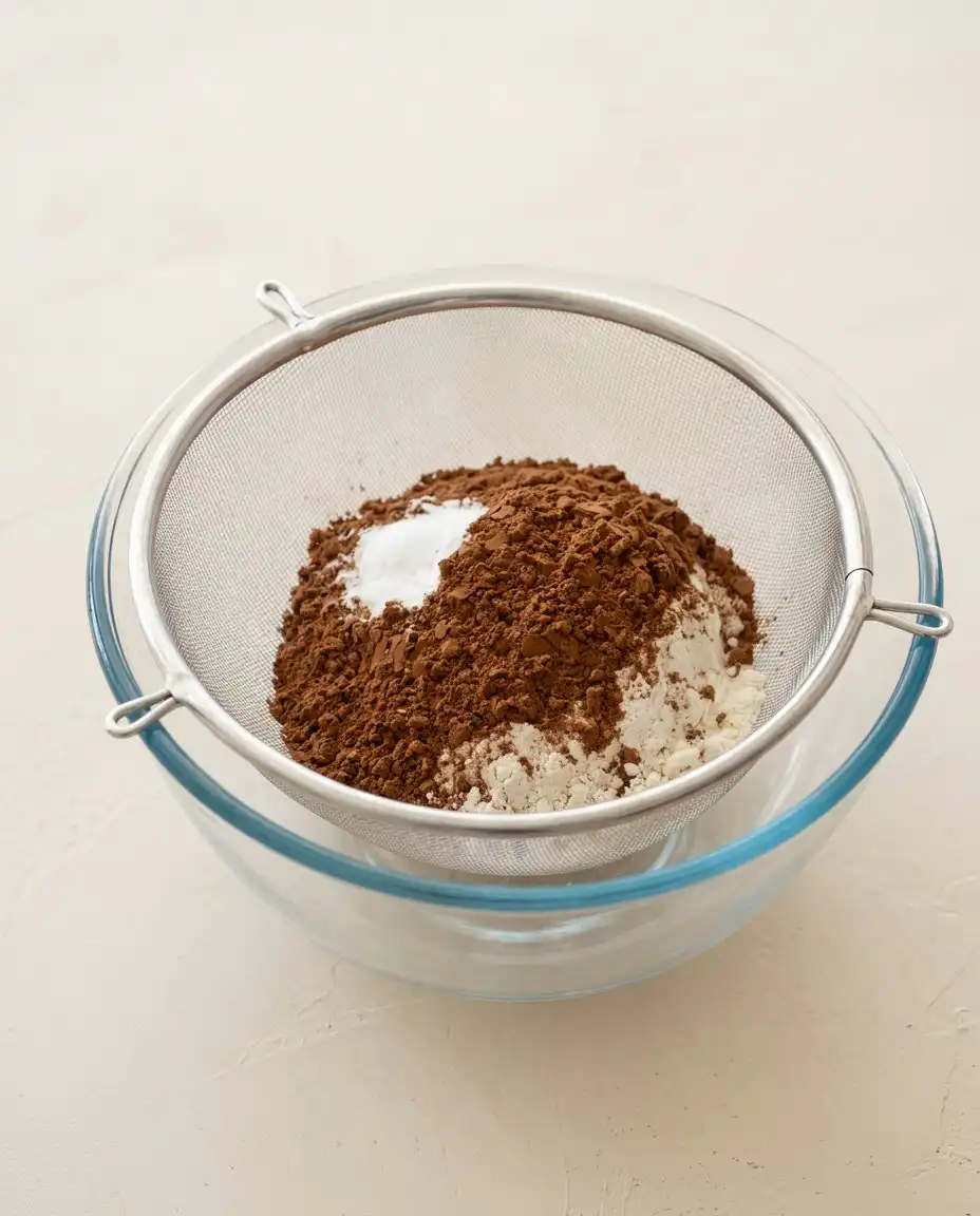 Ingredients for a chocolate lunch box cake including cocoa powder buttermilk and sugar on a wooden table.