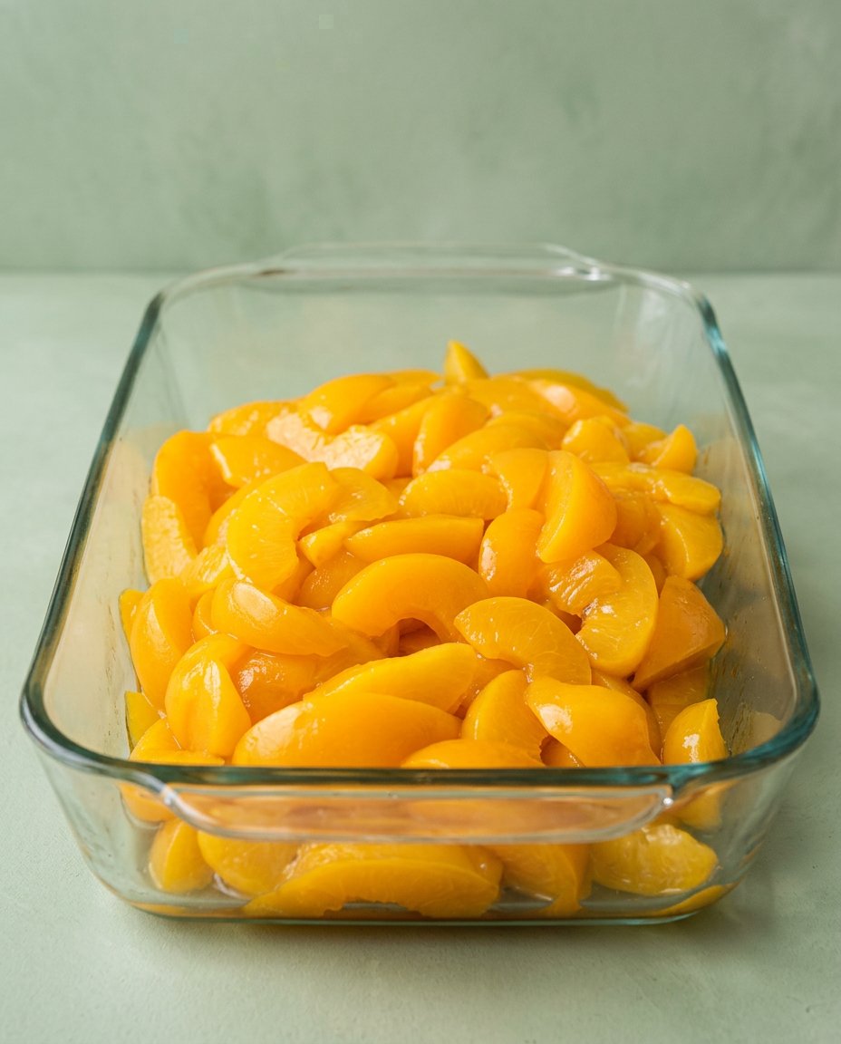 Canned peaches, yellow cake mix, butter, and cinnamon arranged on a rustic counter.