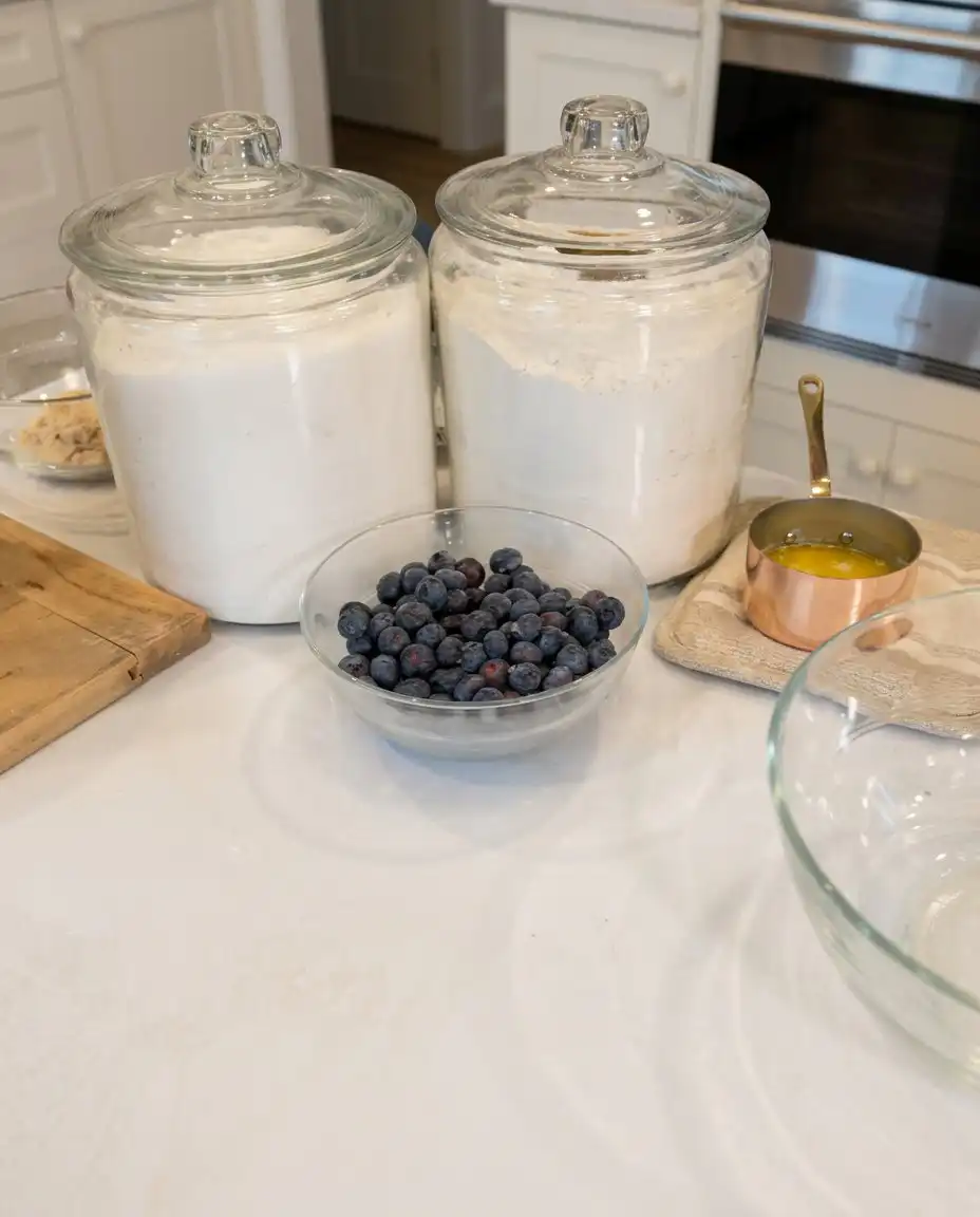 Fresh blueberries, whole milk, melted butter, and dry ingredients for Classic Blueberry Coffee Cake.