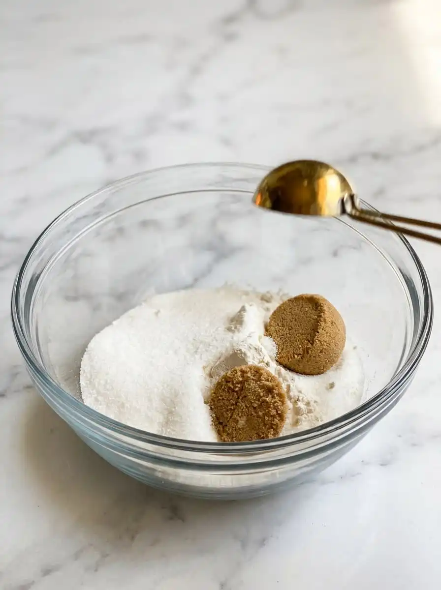 Ingredients gathered for making a classic blueberry coffee crumb cake on a wooden board