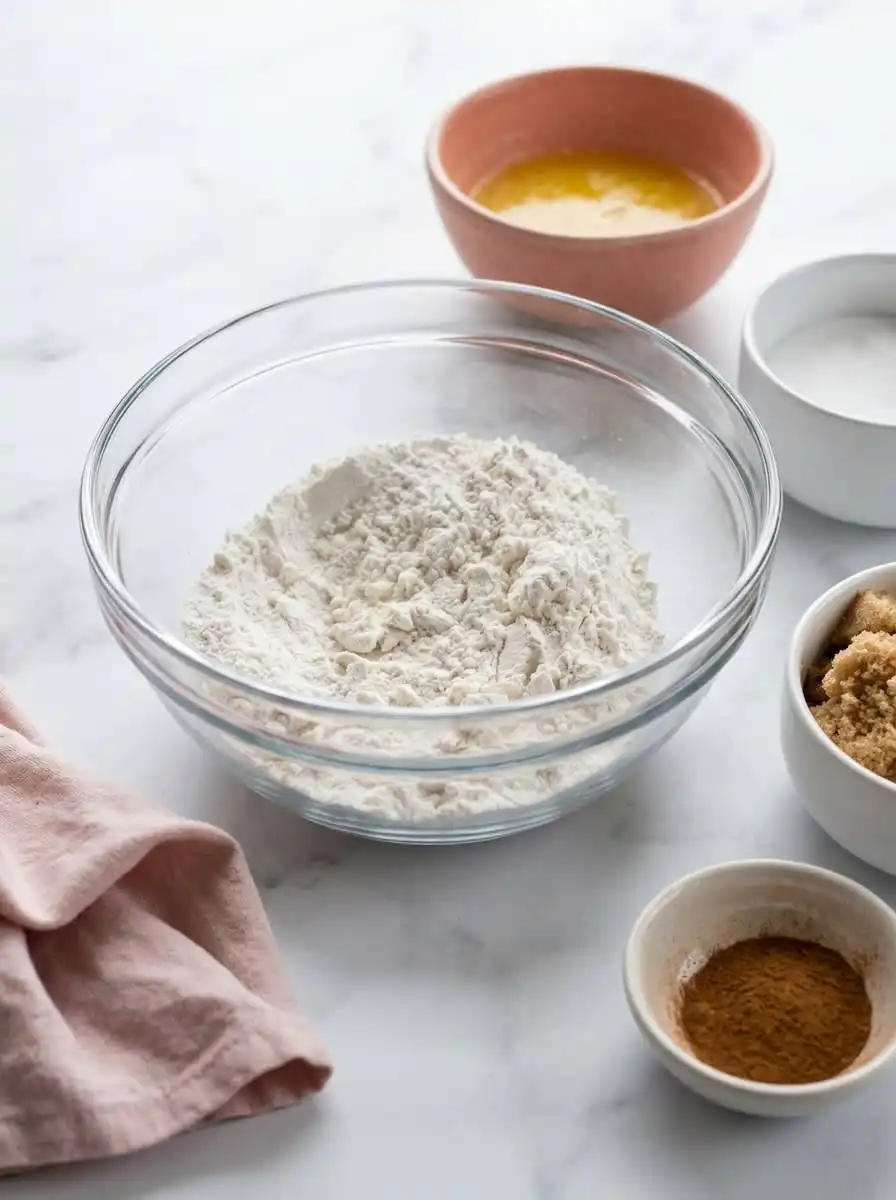 Ingredients including flour, milk, butter, and brown sugar for Classic Coffee Cake Muffins.