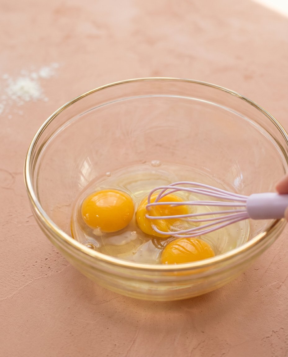 Fresh ingredients for making Classic Funnel Cake Bites including flour, milk, nutmeg, and eggs.