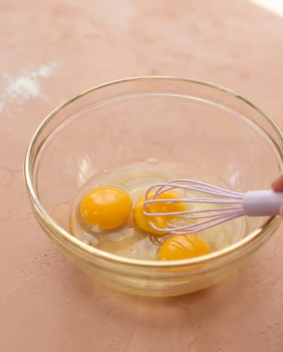 Fresh ingredients for making Classic Funnel Cake Bites including flour, milk, nutmeg, and eggs.