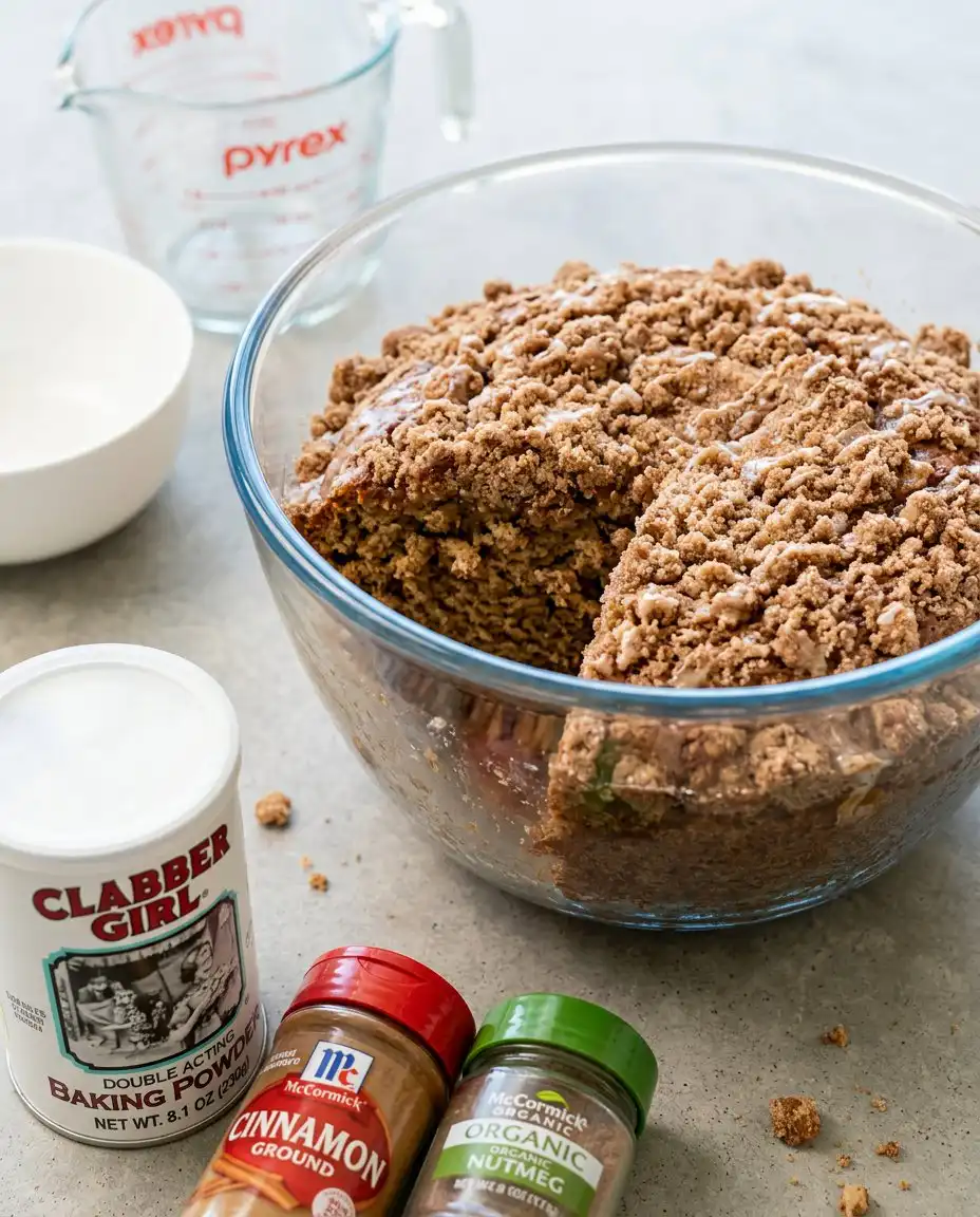 Canned peaches, spices, flour, and butter arranged to bake an Old-Fashioned Peach Cake.