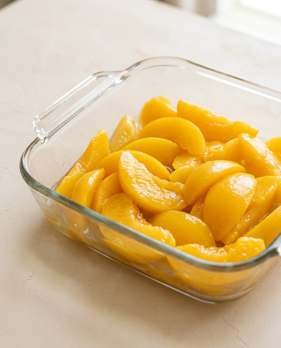 Peach Cobbler Sheet Cake 14 Fresh peaches, buttermilk, cinnamon, and oats arranged on a kitchen counter for the Peach Cobbler Sheet Cake.