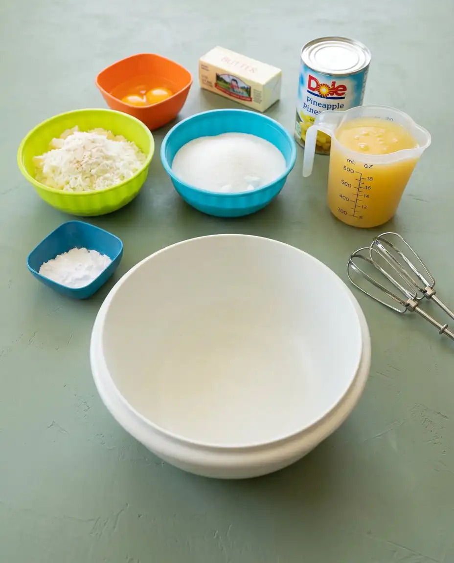 Pantry ingredients including flour, sugar, baking soda, and canned crushed pineapple with juice for the cake.