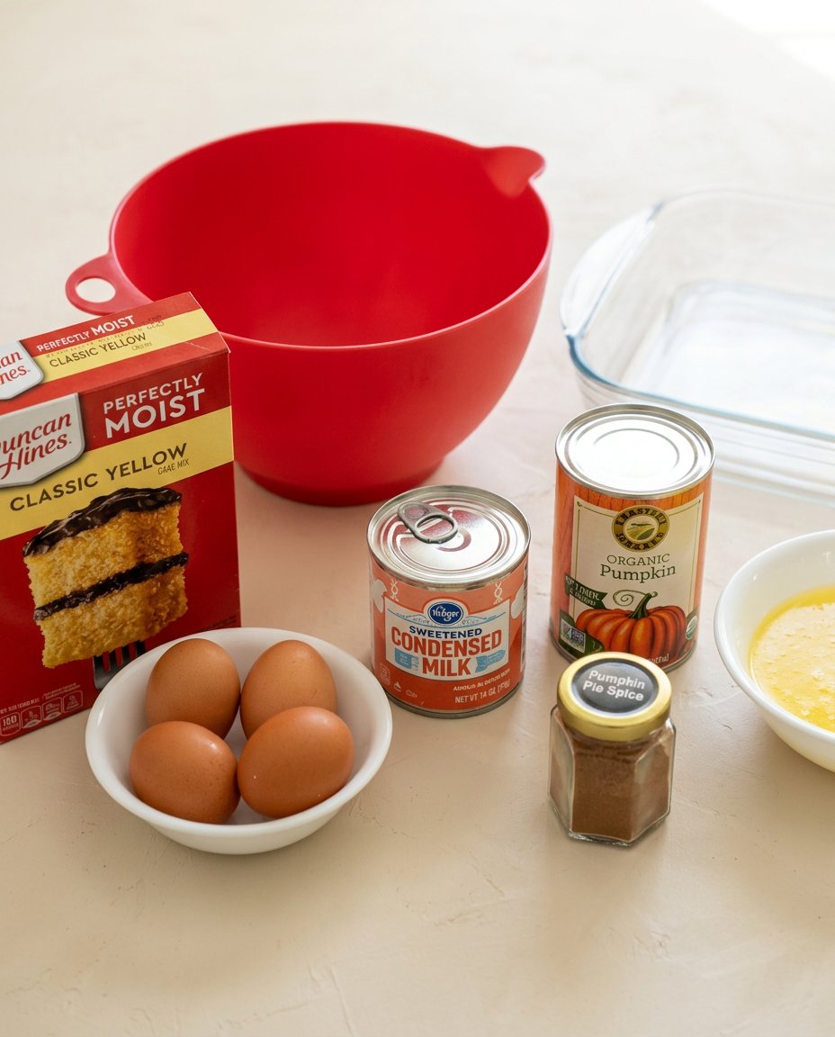 Pumpkin Dump Cake 14 Cans of pumpkin puree yellow cake mix and butter for making Pumpkin Dump Cake