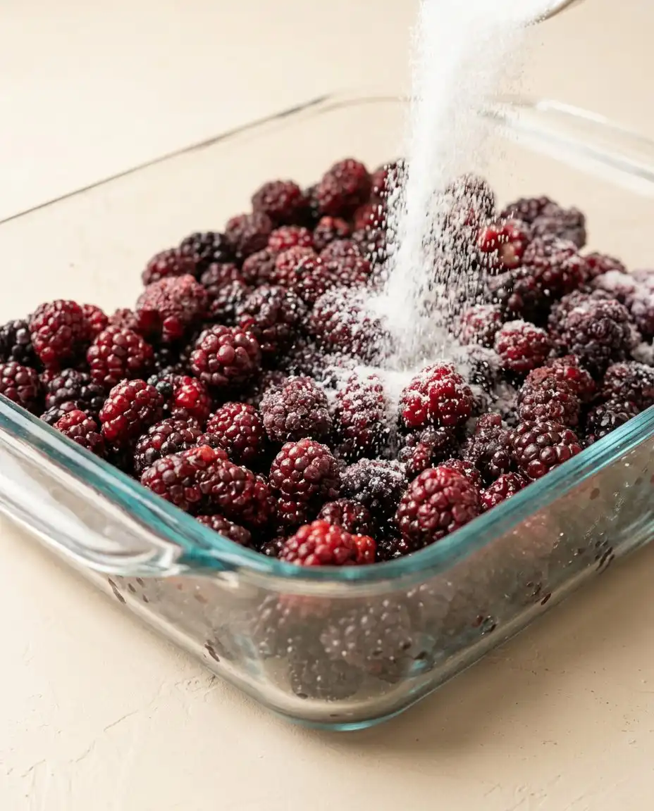 Fresh blackberries, cake mix, sugar, and sliced butter ready for the blackberry dump cake with butter pecan cake mix.