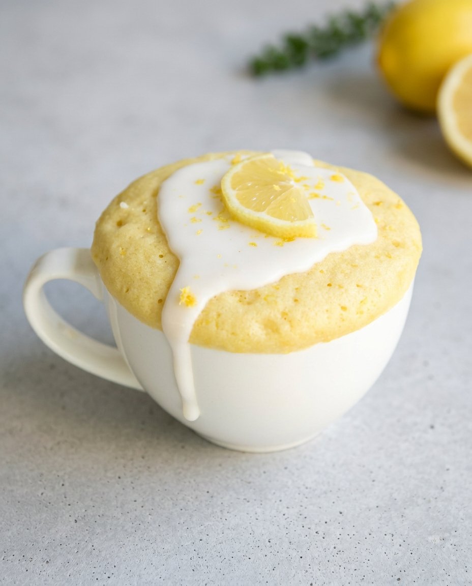 A lemon mug cake on a vintage plate served alongside a cup of turkish coffee
