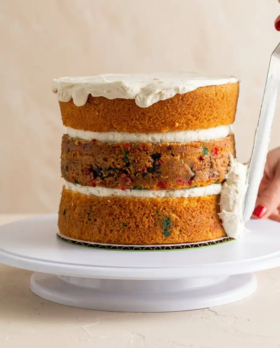 Vanilla Naked Cake 15 Using a long serrated knife to level the top of a vanilla naked cake layer.