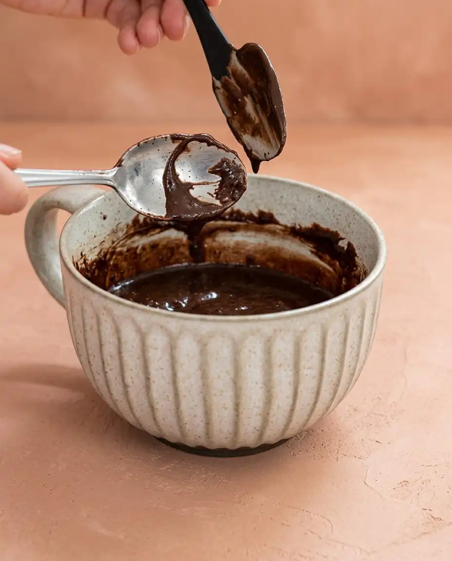 Weighed dry and wet components for the chocolate mug cake on a clean kitchen bench.
