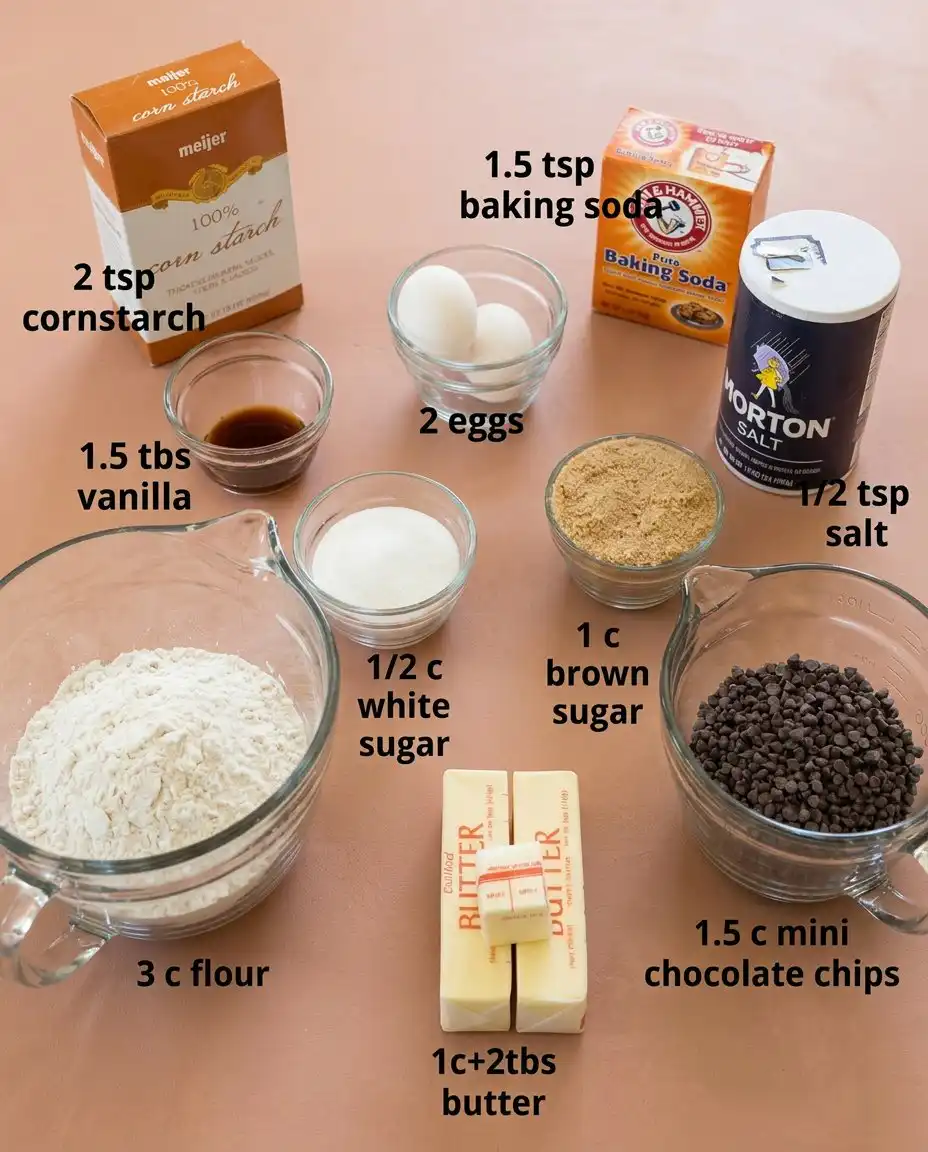 Classic Chocolate Chip Cookie Cake 14 Glass bowls containing flour, sugars, butter, and mini chips for a Classic Chocolate Chip Cookie Cake.