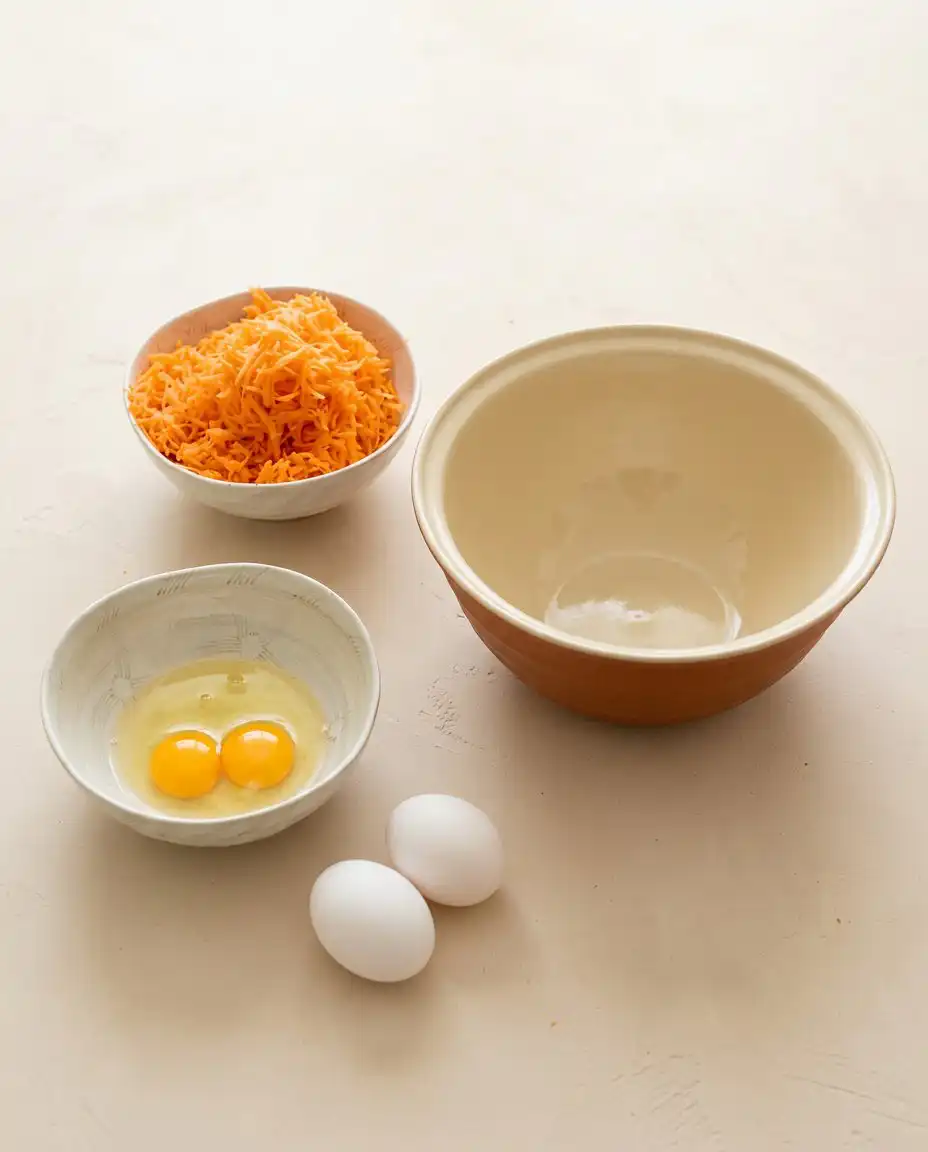 Pre-measured ingredients for a Marzipan Carrot Topped Cake arranged neatly on a wooden kitchen bench.
