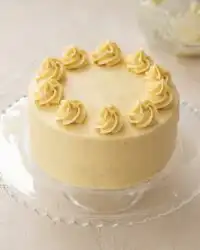 A moist and beautiful Apple Spice Birthday Cake frosted with cream cheese buttercream on a rustic cake stand.