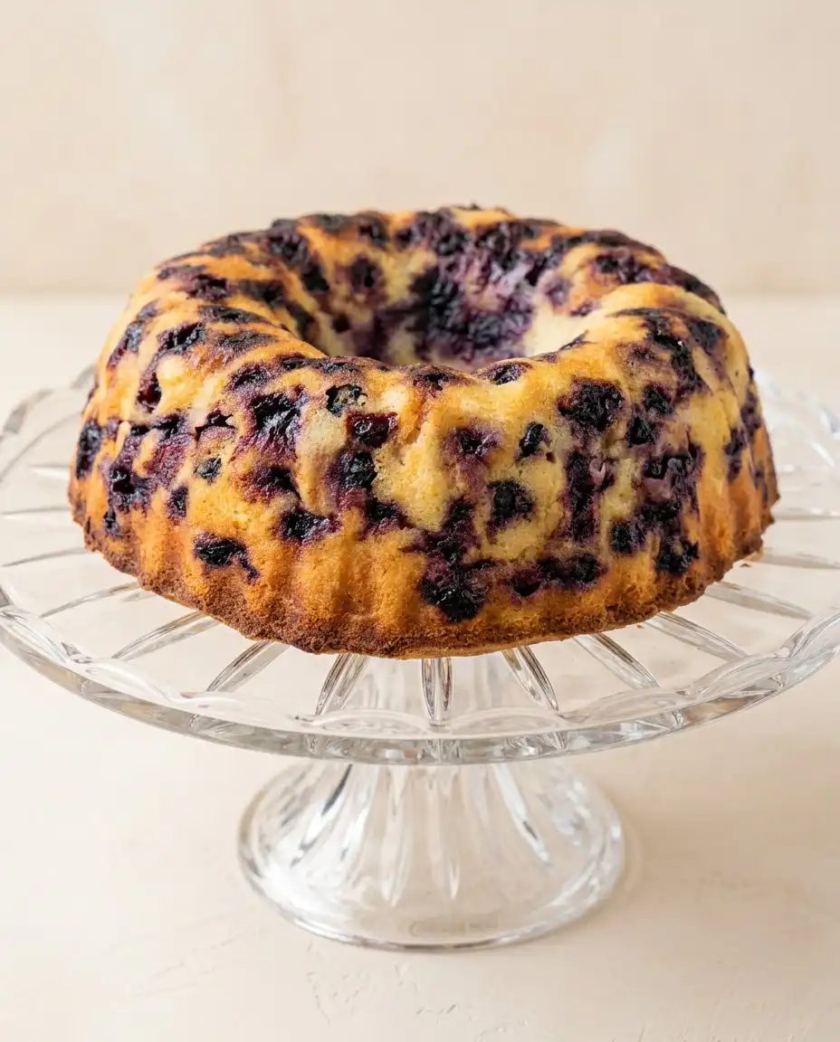 Lemon Blueberry Bundt Cake with Lemon Glaze 12 A golden brown Lemon Blueberry Bundt Cake with Lemon Glaze sitting on a wire cooling rack.