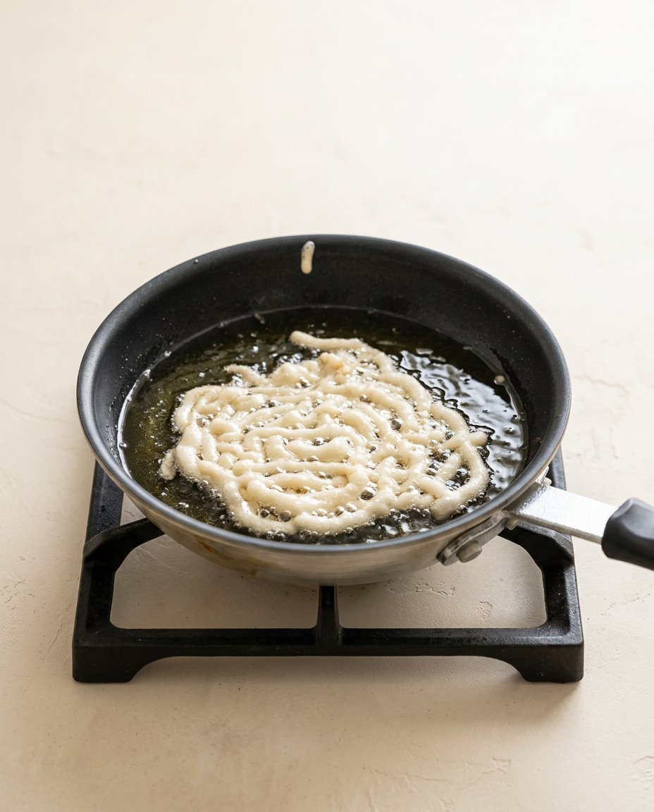 Pancake Mix Funnel Cake 15 Piping the wet batter into hot vegetable oil for a structured Pancake Mix Funnel Cake