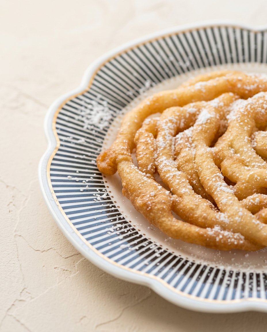 Pancake Mix Funnel Cake 12 A crispy golden Pancake Mix Funnel Cake dusted with powdered sugar on a plate