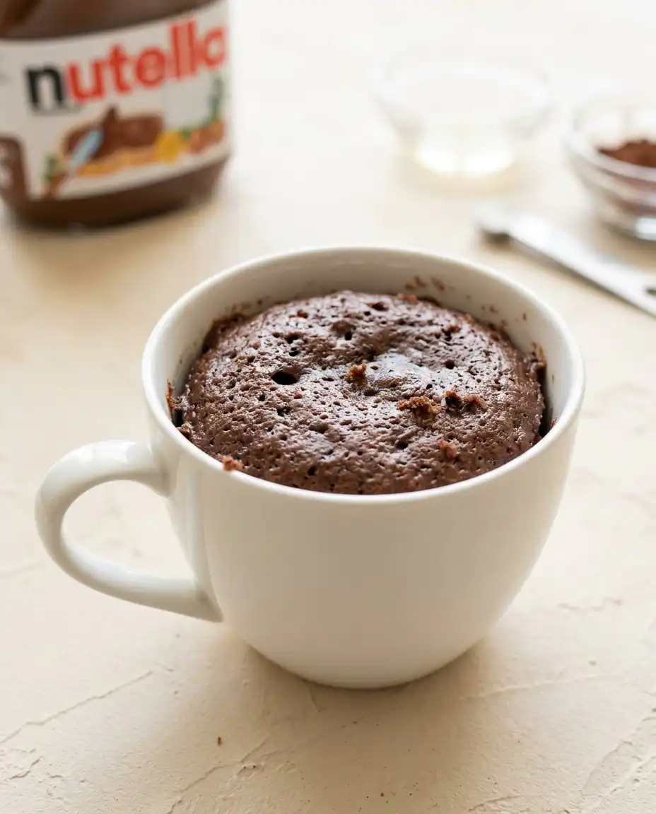 Simple ingredients for a quick Nutella Mug Cake on a counter