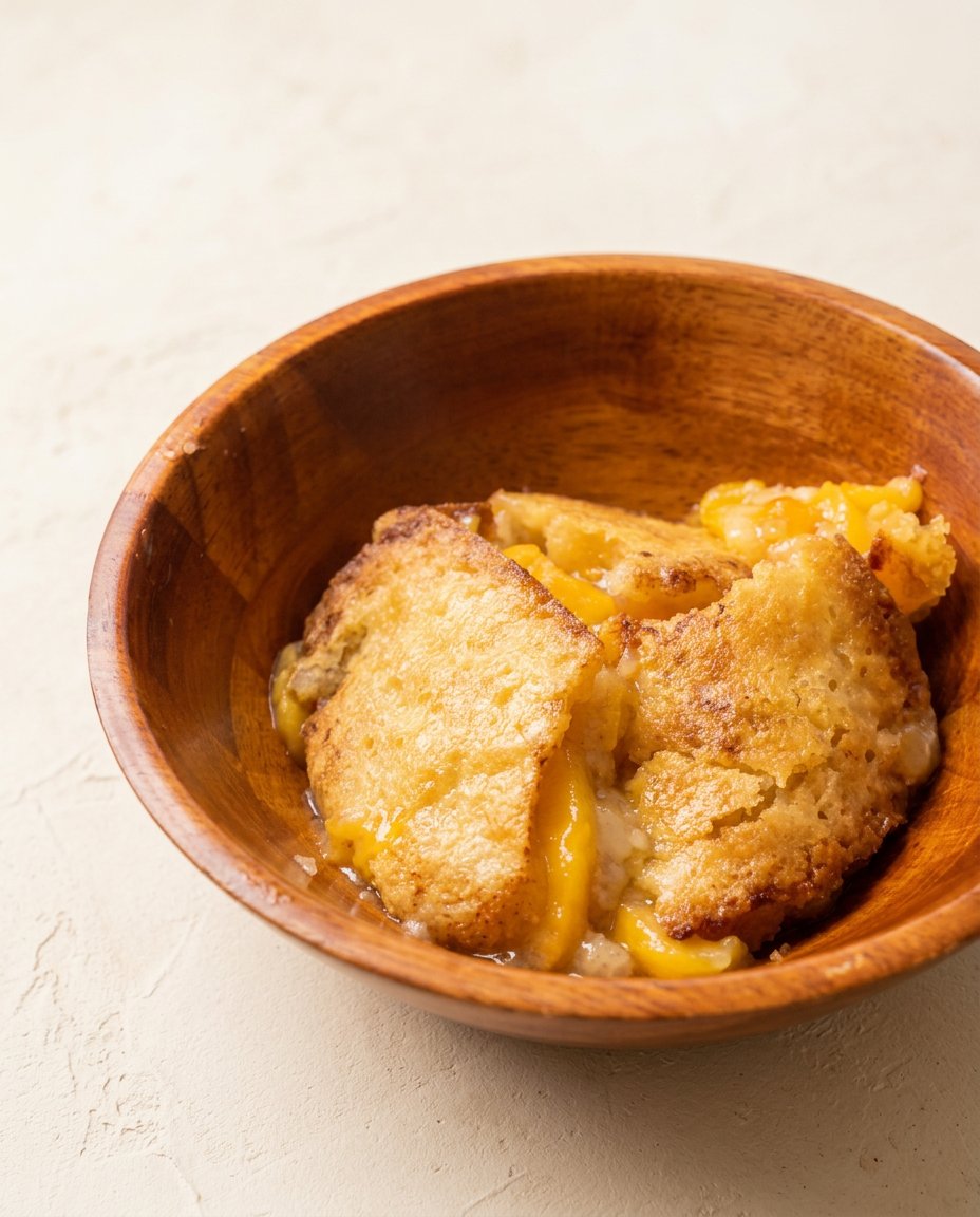 Peach Cobbler Sheet Cake 12 A freshly baked Peach Cobbler Sheet Cake in a ceramic baking pan with a golden crust.