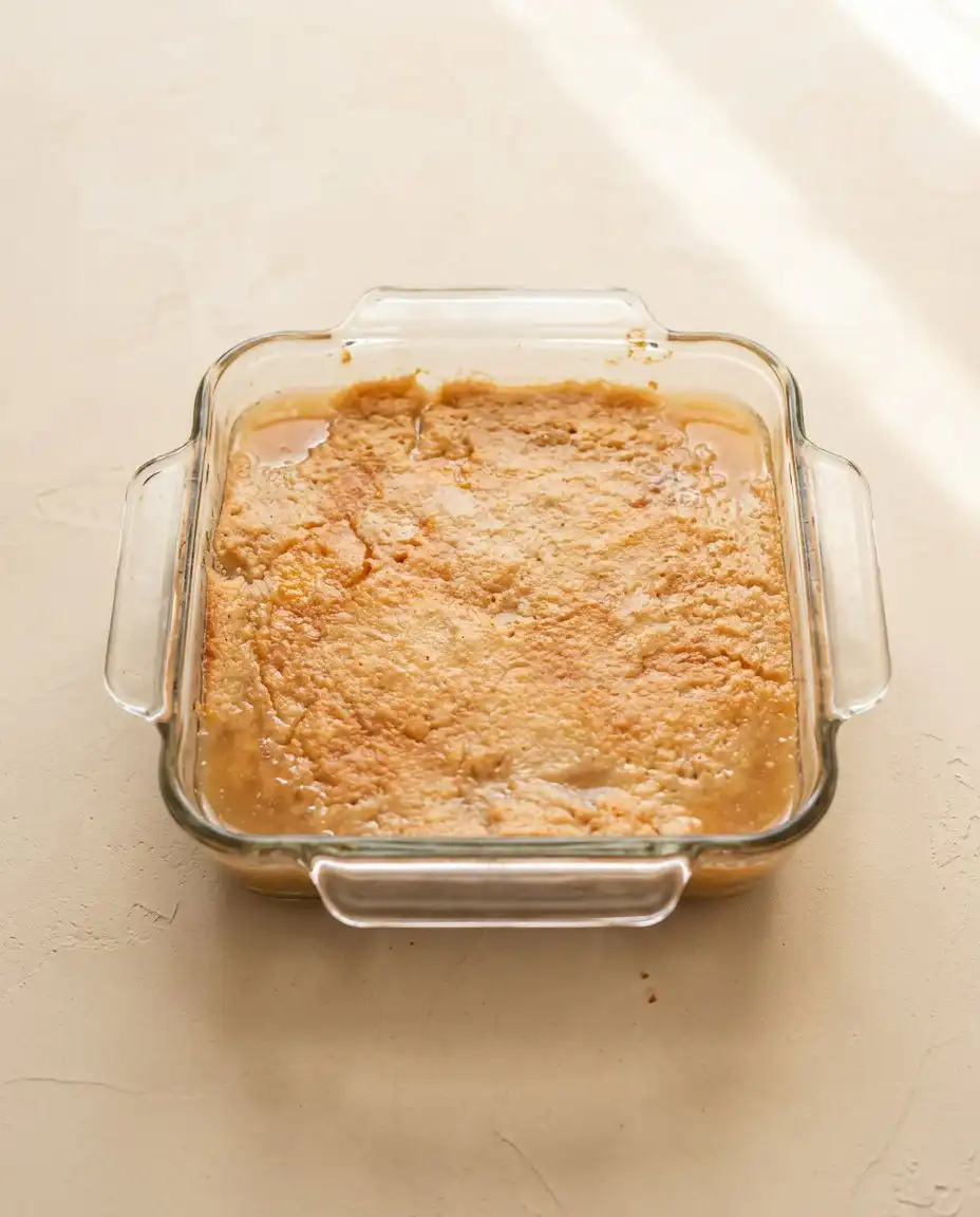 Peach Dump Cake with Frozen Peaches 12 A golden brown Peach Dump Cake with Frozen Peaches bubbling in a ceramic baking dish.