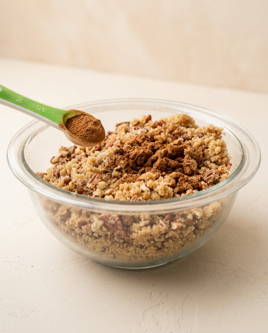 Golden brown Pecan Streusel Coffee Cake cooling in a round baking pan on a wire rack.