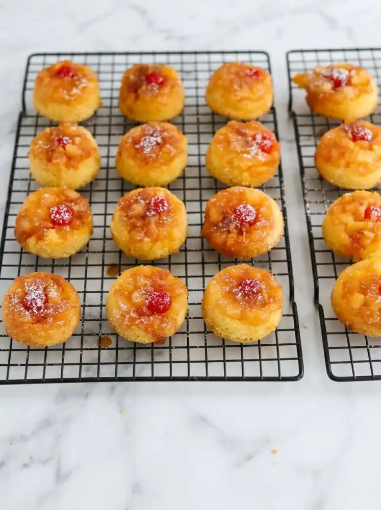 Home - Melt Cake - Baking that Melts in Your Mouth 6 A golden platter filled with fresh warm Pineapple Upside Down Cupcakes topped with cherries.