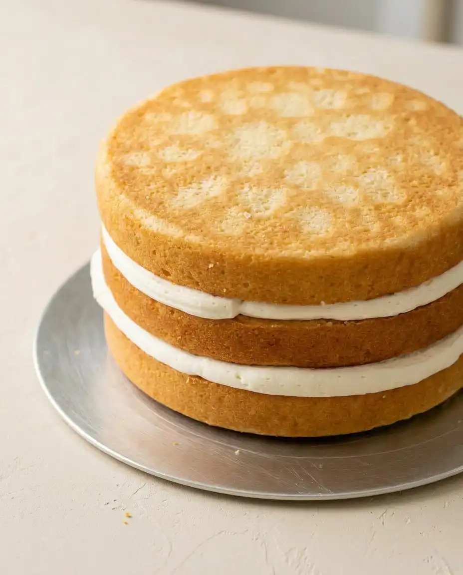 Piping a thick border of buttercream on a Classic Vanilla Layer Cake layer.