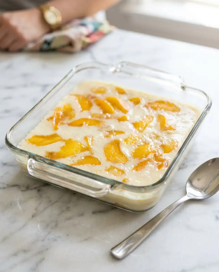 Peach Dump Cake with Frozen Peaches 15 Thin pats of butter arranged evenly over dry cake mix for Peach Dump Cake with Frozen Peaches.