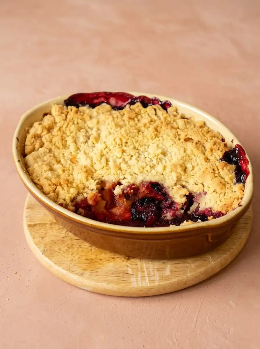 A plated slice of Blackberry Apple Dump Cake with cold pouring cream