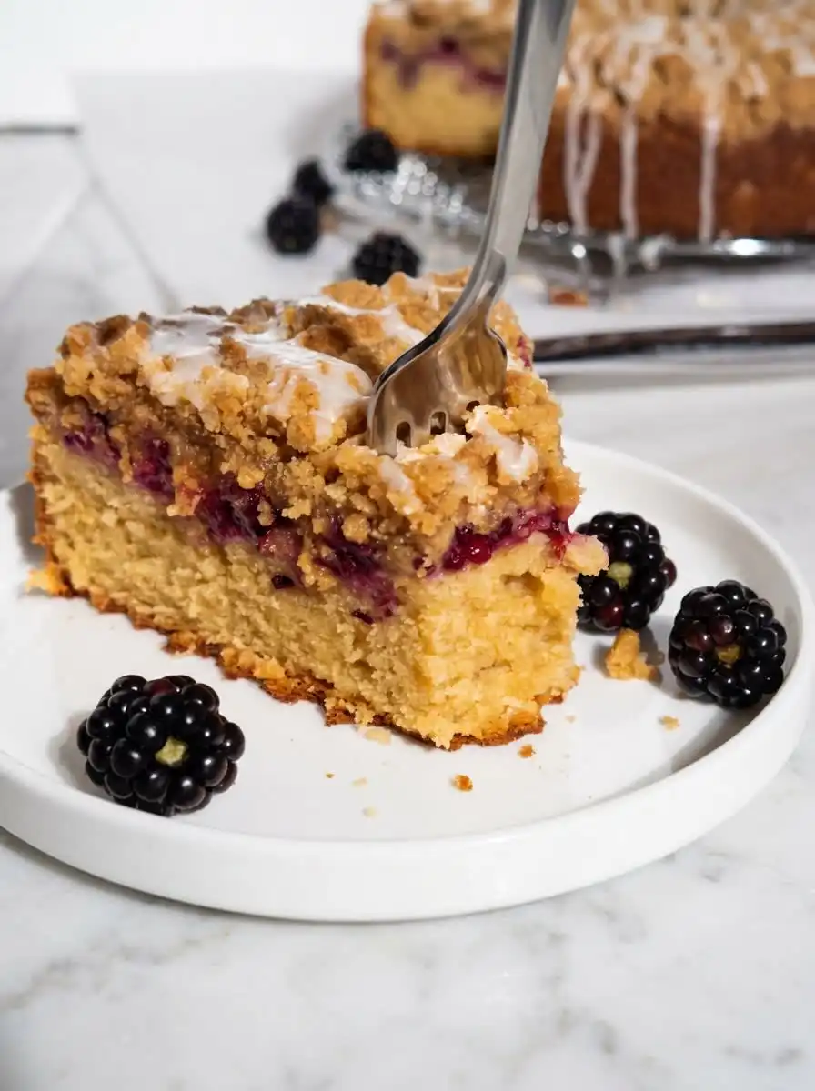 Blackberry Coffee Cake 16 A beautiful slice of blackberry coffee cake with visible berry layers on a ceramic plate.