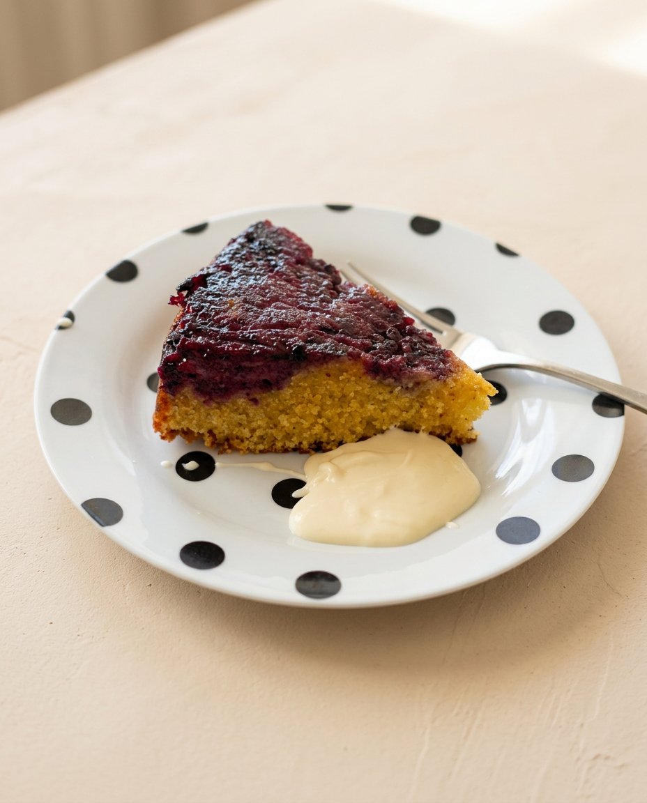 A single slice of Blackberry Upside Down Cake served with cold double cream poured over the top.