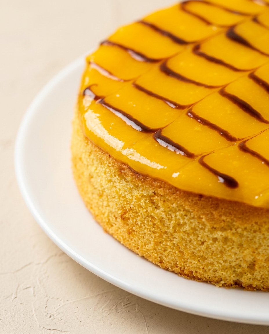 Mango Fresh Fruit Topped Cake 16 A plated slice of Mango Fresh Fruit Topped Cake served with a cup of Turkish coffee.