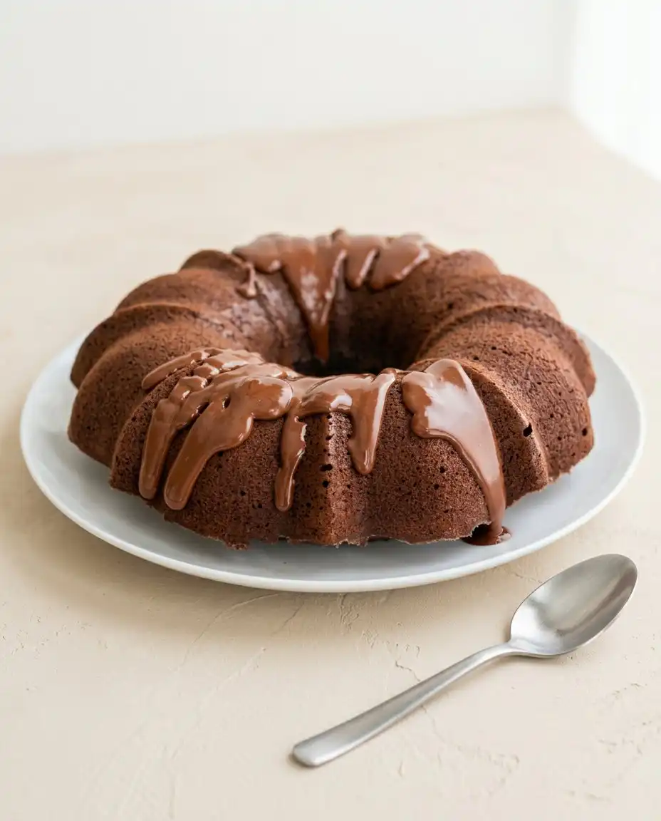 Healthy Chocolate Zucchini Cake 16 A gorgeous slice of healthy chocolate zucchini cake plated elegantly on a ceramic dish.