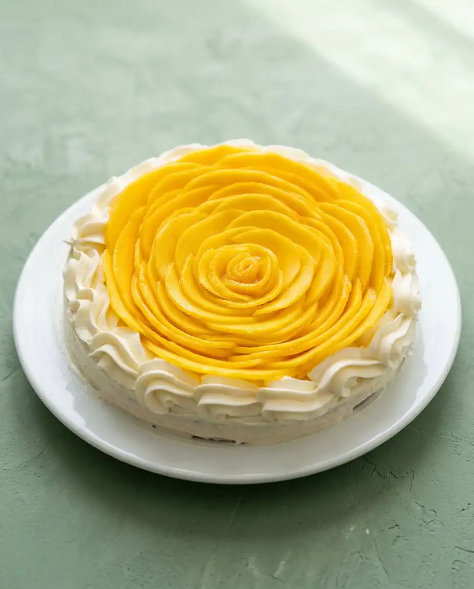 A beautifully plated slice of Mango Flower Crown Cake on a neutral plate.