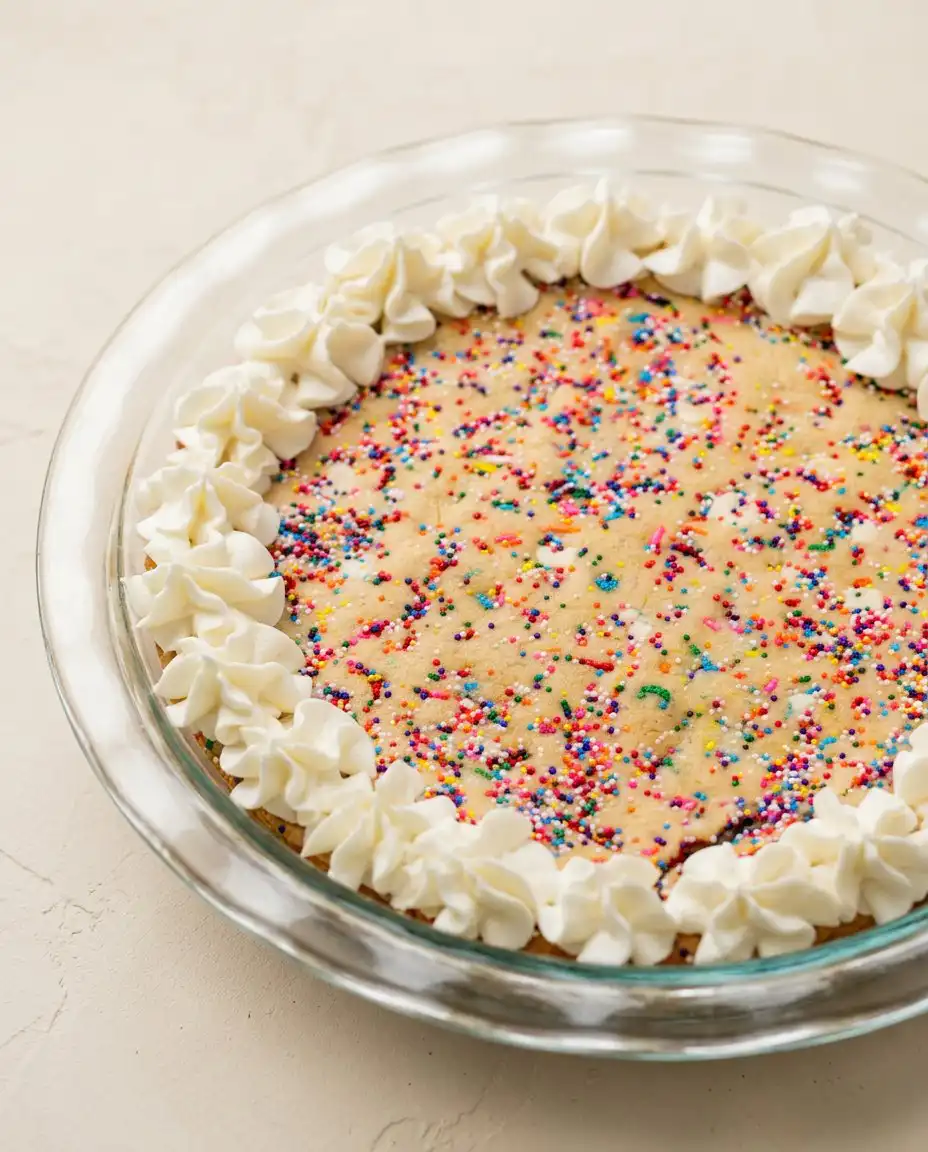 A plated slice of Rainbow Sprinkle Cookie Cake served with a scoop of vanilla bean ice cream