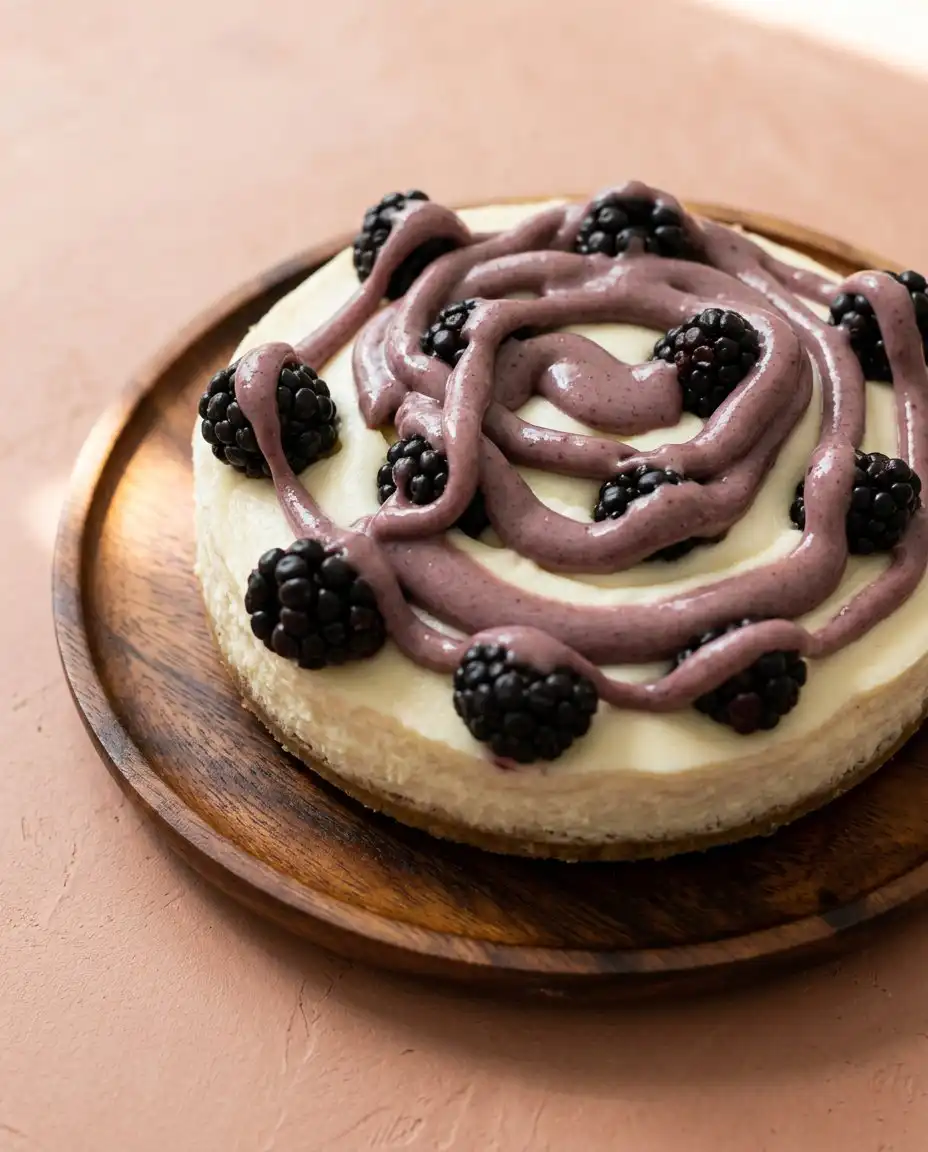 A clean slice of Blackberry Vanilla Cake served on a plate next to a cup of hot tea.