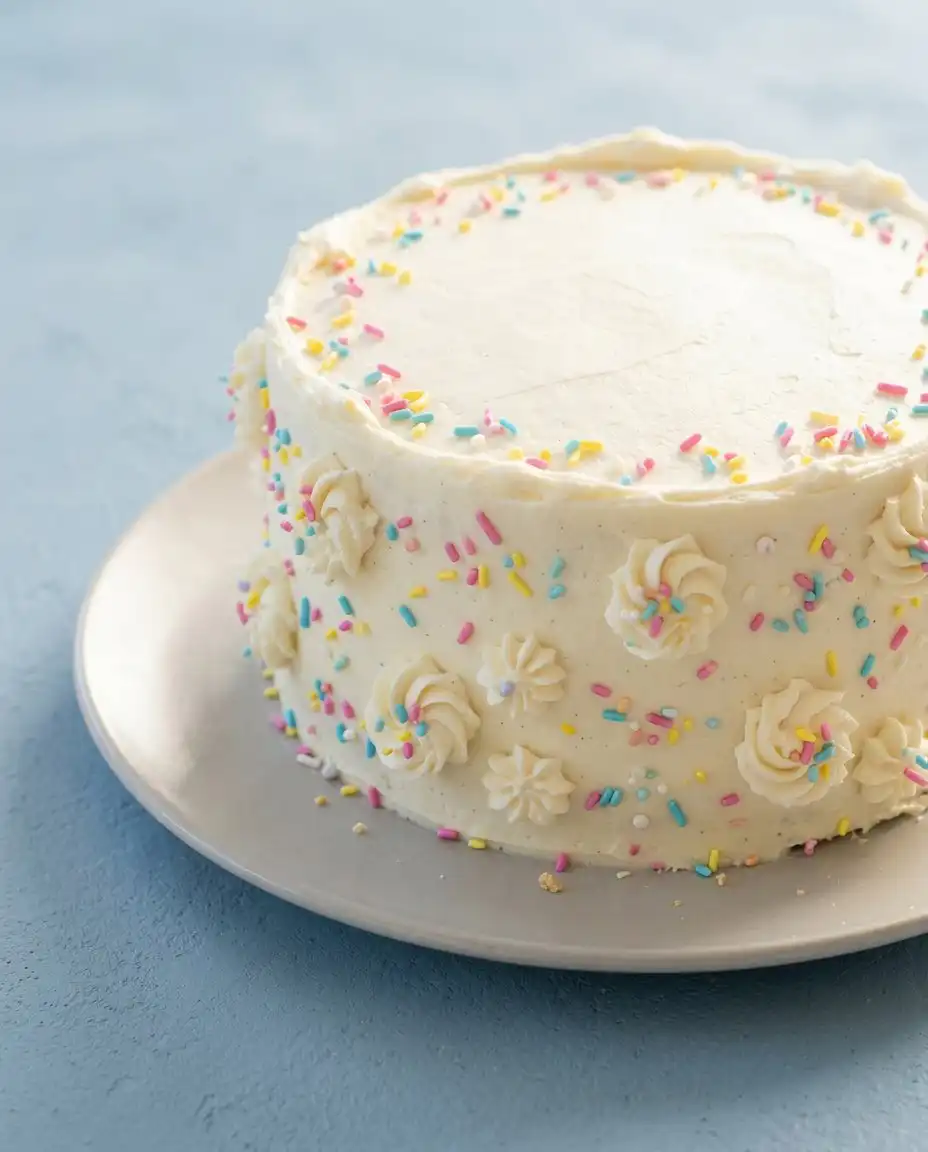 Plating a slice of Classic Vanilla Layer Cake alongside hot tea.