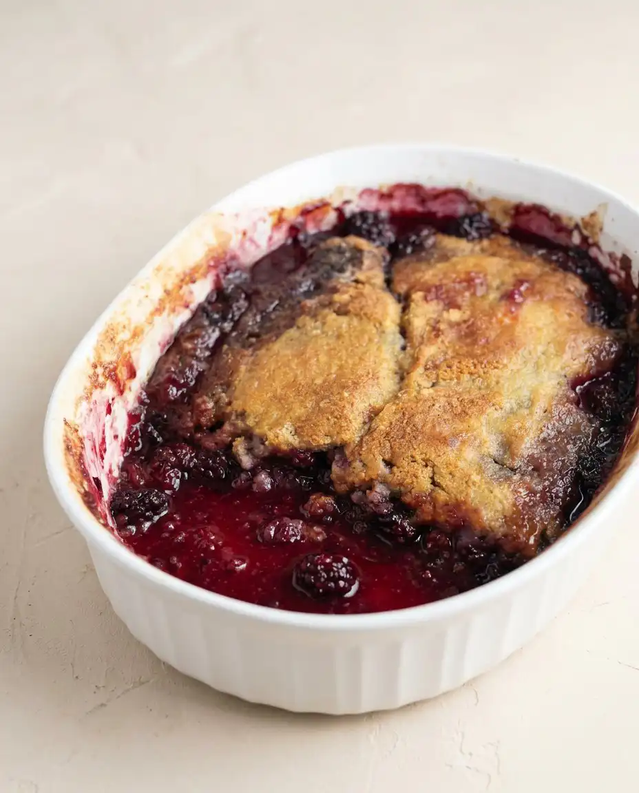 Plating a warm portion of Blackberry Cobbler Dump Cake topped with a melting scoop of vanilla ice cream.