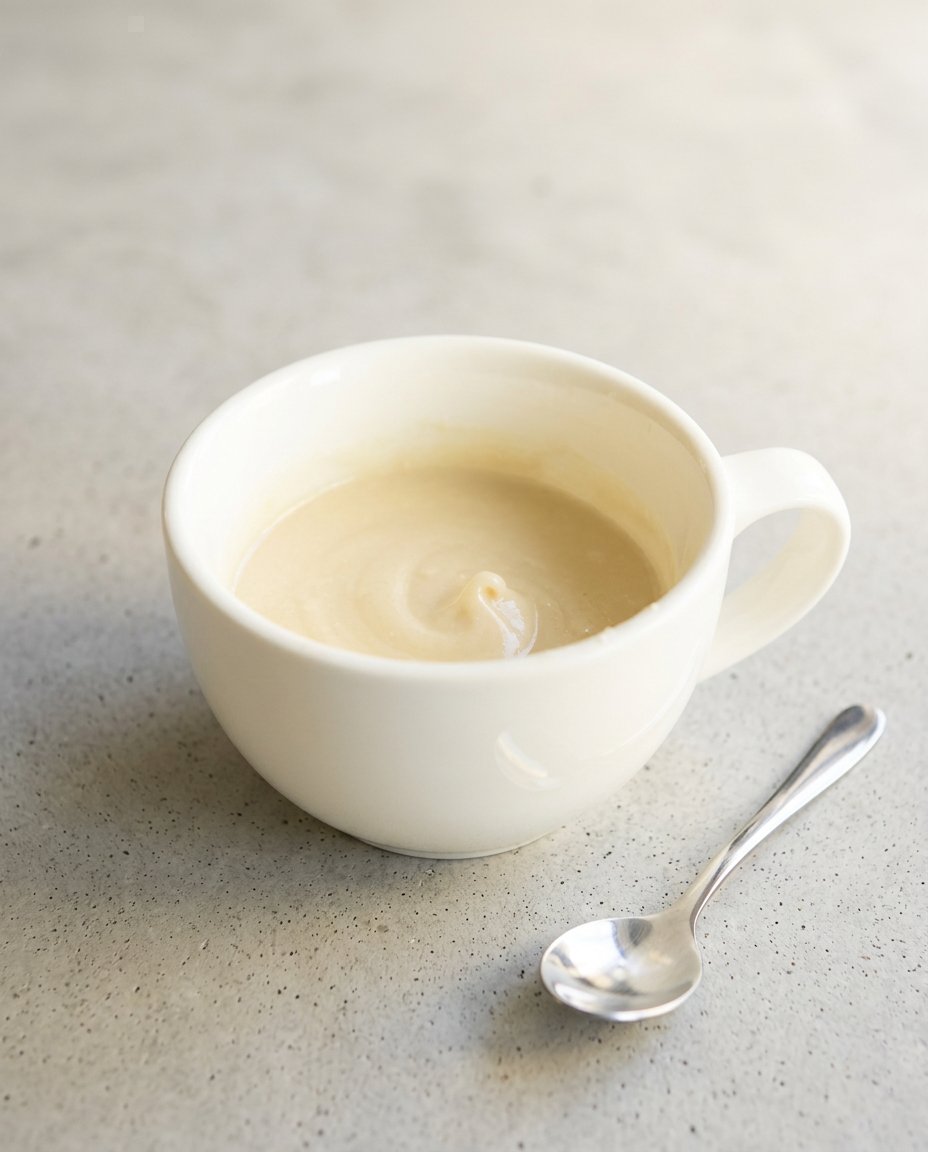 Pouring a thick glossy glaze over the warm surface of a lemon mug cake