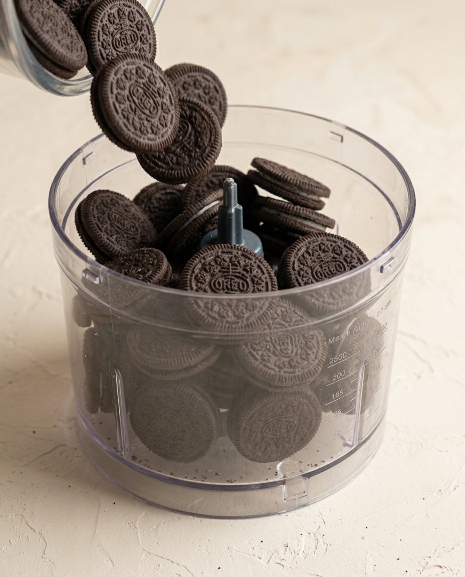 An image showing Oreo cookies being crushed into a fine sand-like crumb texture.