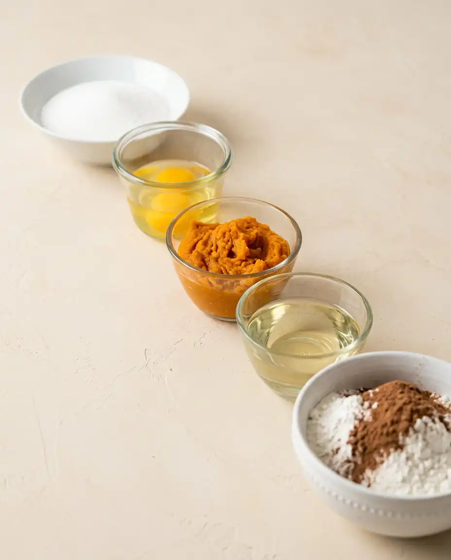 Ingredients for Pumpkin Streusel Coffee Cake arranged in bowls on a white marble pastry bench.