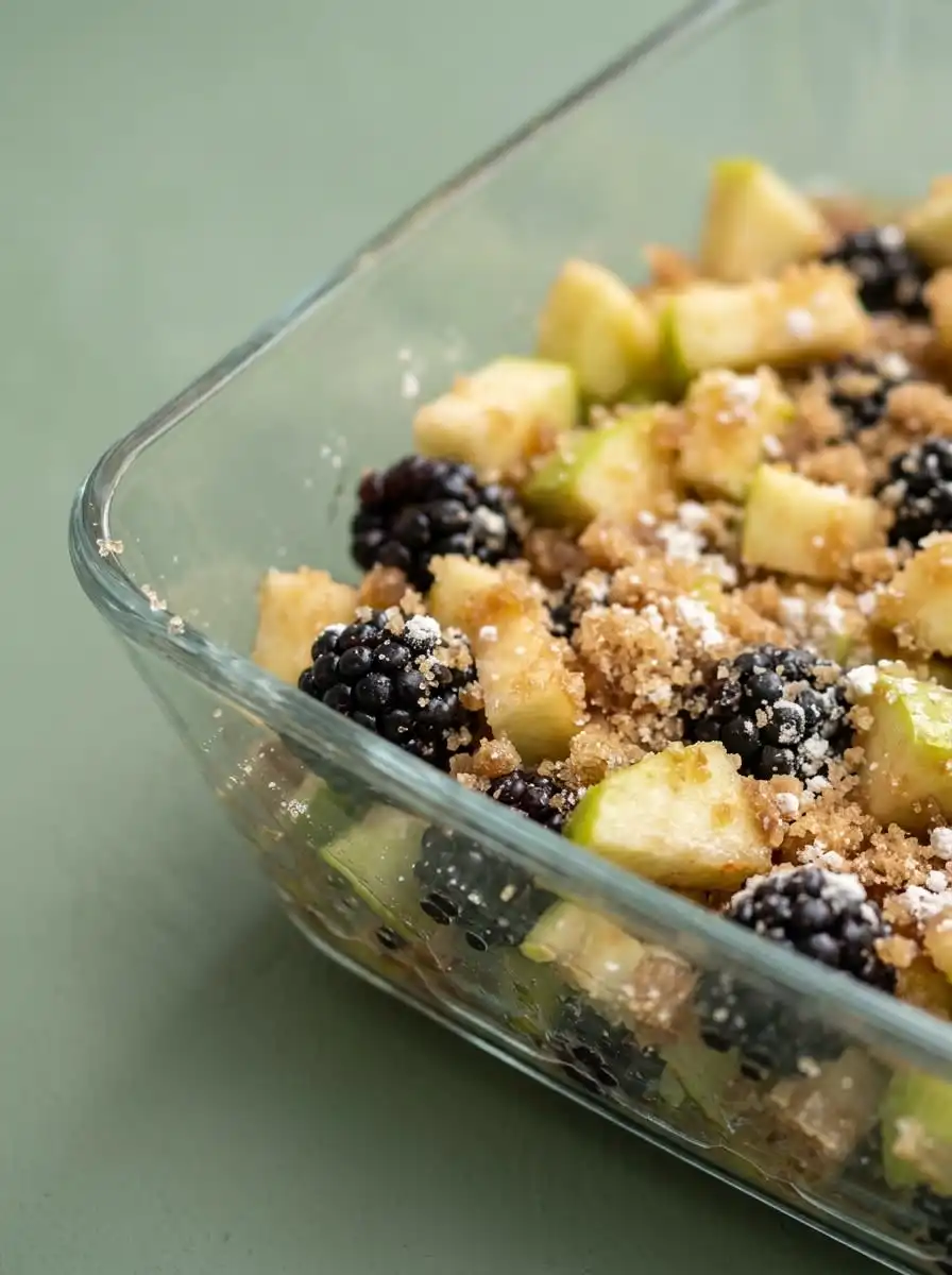 Fresh blackberries and diced apples with flour and butter for Blackberry Apple Dump Cake